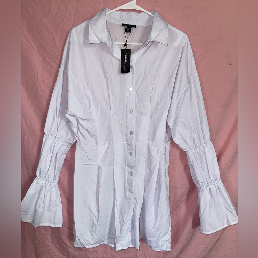 PrettyLittleThing White Button-Down Romper with Bell Sleeves